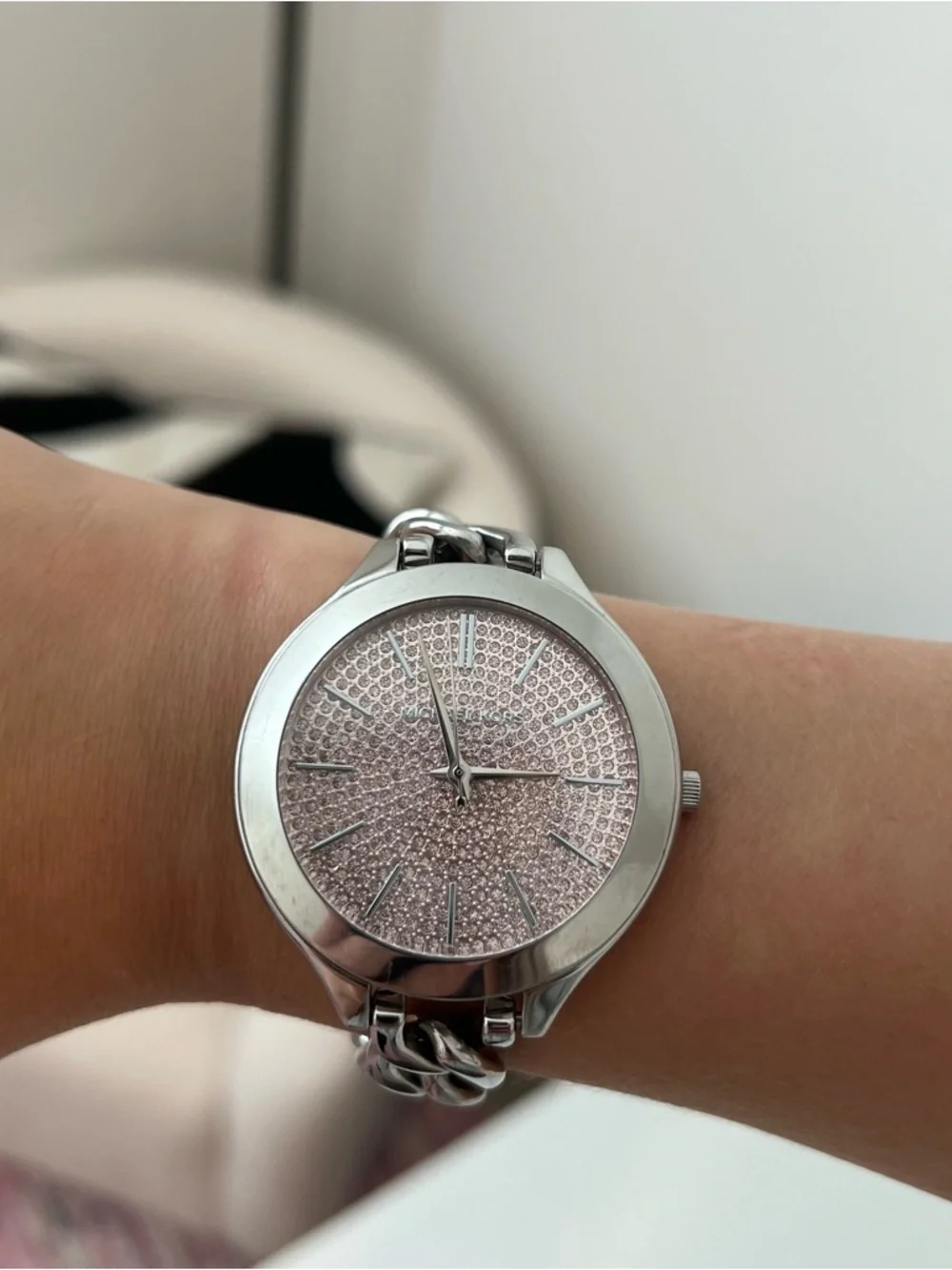 Michael Kors Runway Silver Tone Pink Crystals Pave Dial Chain Watch MK3357